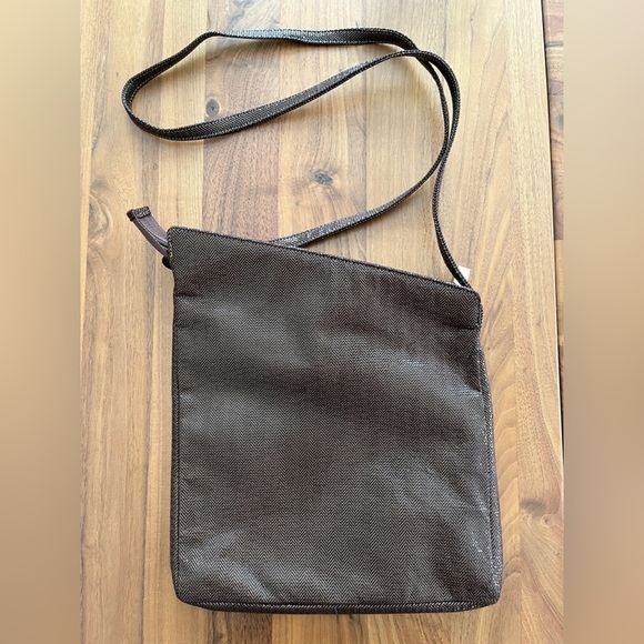 ARNOLD CHURGIN Brown Faux Leather Asymmetric Cross Body Bag Tweed Pattern - Picture 8 of 14